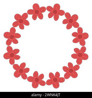 Round flower frame from simple red flowers, spring design element, vector illustration Stock Vector