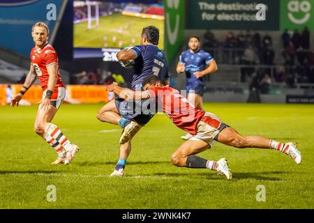 Diving tackle by KALLUM WATKINS. Salford Red Devils Vs Hull KR, Saturday 2nd March 2024. Salford Community stadium. Credit: James Giblin/Alamy Live News Stock Photo