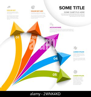Vector light diagonal multipurpose Infographic template with title and five elements options with big color arrows. Multipurpose Infochart with modern Stock Vector