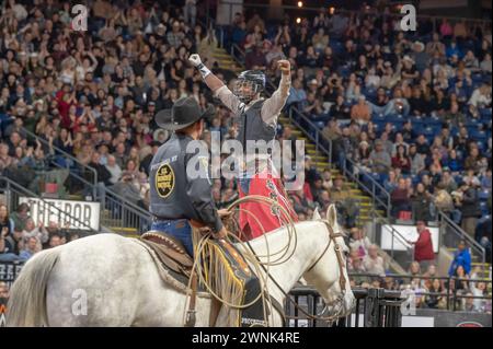 Bridgeport, United States. 02nd Mar, 2024. BRIDGEPORT, CONNECTICUT - MARCH 02: Bruno Roberto rides Gooba during the Professional Bull Riders (PBR) Pendleton Whisky Velocity Tour event at Total Mortgage Arena on March 2, 2024 in Bridgeport, Connecticut. (Photo by Ron Adar/SOPA Images/Sipa USA) Credit: Sipa USA/Alamy Live News Stock Photo