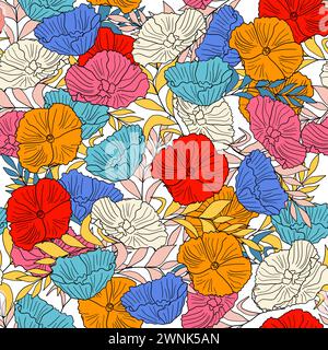 Seamless floral pattern with poppies and leaves vector illustration Stock Vector