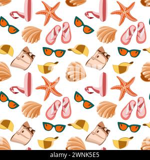 Seamless travel pattern with vacation accessories and seashells with sea stars. Vector illustration Stock Vector