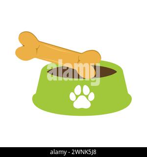 Dog Bowl With Bone Flat style icon vector illustration, black silhouette pet bowl with bone. Bowl for cat or dog for kibbles and water. Stock Vector