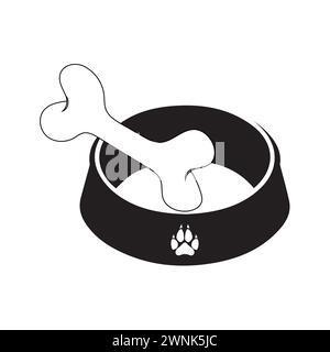 Dog Bowl With Bone Flat style icon vector illustration, black silhouette pet bowl with bone. Bowl for cat or dog for kibbles and water. Stock Vector