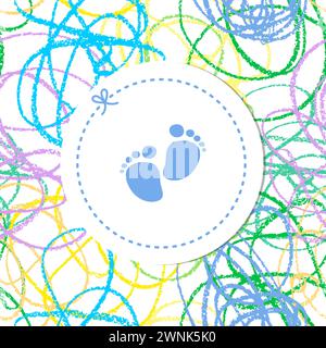 Baby boy birthday card, Baby shower card, crayon stripes background Stock Vector