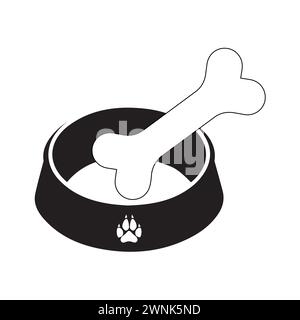 Dog Bowl With Bone Flat style icon vector illustration, black silhouette pet bowl with bone. Bowl for cat or dog for kibbles and water. Stock Vector