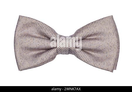 Top view close up of light brown beige bow tie, isolated on white background. Stock Photo