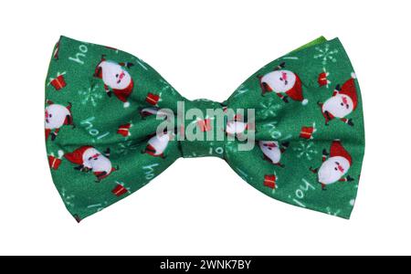 Top view close up of green bow tie with cjristmas decoration, isolated on white background. Stock Photo