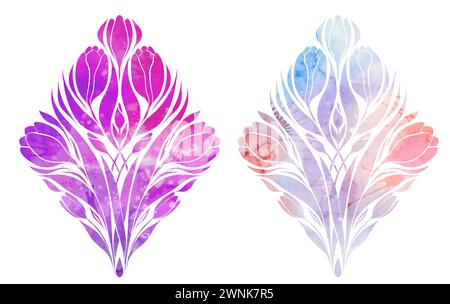 Set of vector watercolor of crocuses cliparts. Collection of silhouette spring flowers isolated from background. Floral symmetrical bouquet Stock Vector