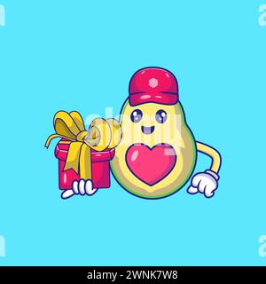 Cute Avocado Birthday Holding Gift Box Character Vector Icon Illustration Stock Vector