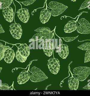 Seamless pattern with hop cones in vintage engraving style. Hand-drawn ink vector illustration. Stock Vector