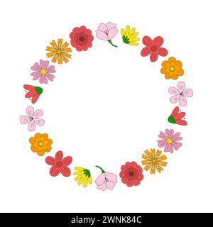 Round flower frame from different meadow flowers, spring design element, vector illustration Stock Vector