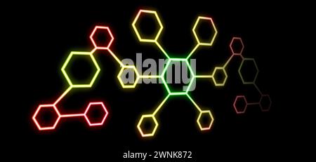 Scheme with hexagons on black background, illustration. Banner design Stock Photo