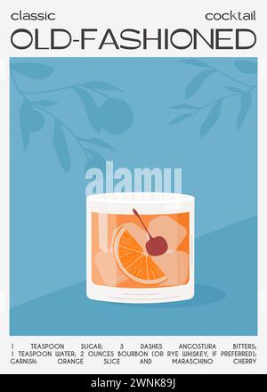 Old Fashioned Cocktail on the rocks garnish with orange slice and maraschino cherry. Whiskey with ice aperitif tropical vertical poster. Minimalistic Stock Vector