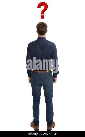 man standing with a big red question mark above him Stock Photo