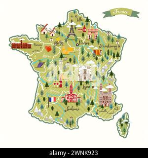 Stylized map of France. Vector illustration. French symbols, cheese, croissant, wine, bicycle, harmonic, mountains and other landmarks. Stock Vector