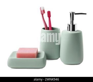 Bath accessories. Different personal care products isolated on white Stock Photo