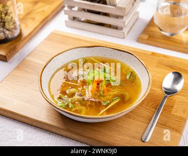 Country style chicken broth soup with noodles, meat and vegetables. Stock Photo