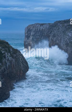 Maritime storm on the coast of Cué, around Antilles beach. Cantabrian Sea. Council of LLanes. Asturias. Spain. Europe Stock Photo