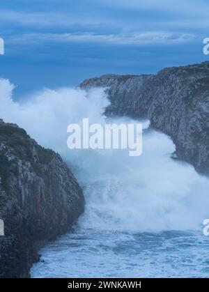 Maritime storm on the coast of Cué, around Antilles beach. Cantabrian Sea. Council of LLanes. Asturias. Spain. Europe Stock Photo