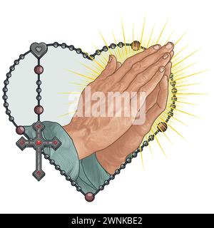 Vector design of Praying Hands with heart shaped rosary, rosary with christian cross, symbol of catholic religion Stock Vector