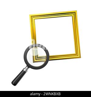 Gold frame and magnifying glass isolated. Transparent mockup search icon for finding, reading, research, analysis or discovery concept. 3d rendering Stock Photo