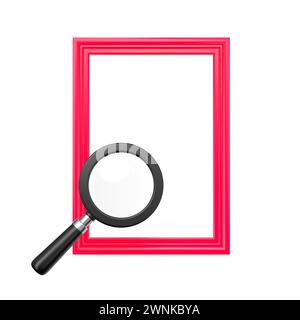 Red frame and magnifying glass isolated. Transparent mockup search icon for finding, reading, research, analysis or discovery concept. 3d rendering Stock Photo