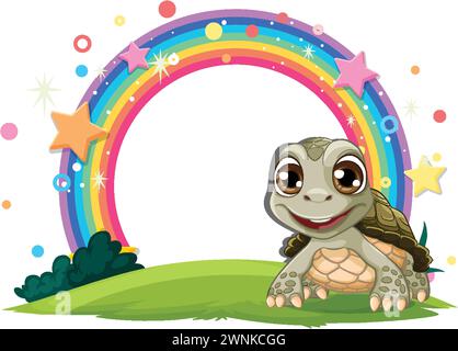A happy turtle sitting under a colorful rainbow Stock Vector