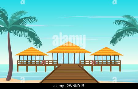Beach hut or bungalow on tropical island resort with wooden deck. Vector illustration. Stock Vector