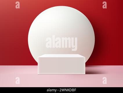 A white box podium with a white circle platform backdrop, both set against a red background. Vector illustration Stock Vector