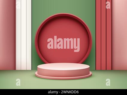Elevate your product presentations with this modern 3D mockup featuring a pink podium, red backdrop, and green striped wall background. Vector illustr Stock Vector