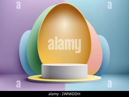 Showcase your Easter products with colorful 3D podium scene. Featuring Easter eggs, spring colors, and a geometric stage. Vector illustration Stock Vector