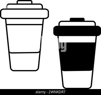 Outline drawing disposable coffee cup with lid. Design concept for logo, sticker, pointer. Set of 2. Isolate. EPS. Vector for card, poster, banner, brochure, price, label or web, promo, advertisement  Stock Vector