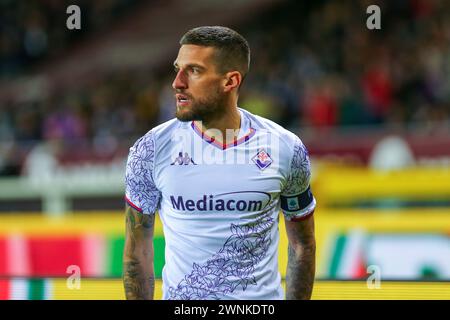 Cristiano Biraghi of ACF Fiorentina  during the Serie A match between Torino FC and ACF Fiorentina on March 02, 2024 at Olympic Grande Torino Stadium Stock Photo