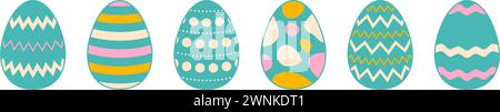 Colorful Easter eggs set. Blue, yellow, pink spring egg icon collection with different ornaments. Doodle style Easter illustration bundle for banner, poster, card, invitation, sticker. Vector pack  Stock Vector