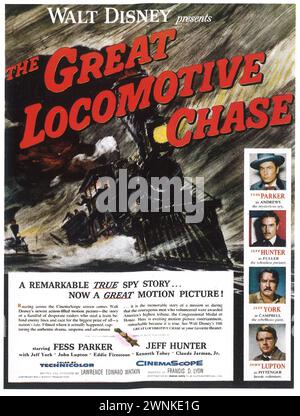 1956 The Great Locomotive Chase film poster, Western/ adventure film Directed by Francis D. Lyon, produced by Walt Disney Studio Stock Photo