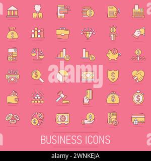 Business icon set in comic style. Finance investment cartoon vector illustration on isolated background. Financial currency splash effect business con Stock Vector