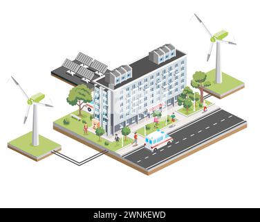 Isometric building of hospital with solar panels and wind turbines. Vector illustration. City clinic. Architectural symbol isolated on white. Stock Vector