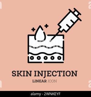 Skin injection. Linear icon with syringe and structure of skin. Medical, dermatology treatment vaccine, filler, hyaluronic acid. Vector illustration. Stock Vector