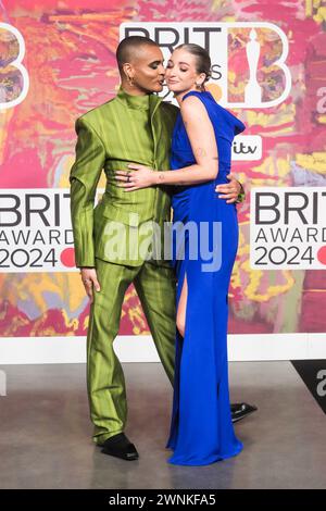 London, UK. Layton Williams and Harriet Rose photographed attending the BRITS Awards at the O2 Arena on 2 March 2024 . Picture by Julie Edwards/Alamy Live News Stock Photo