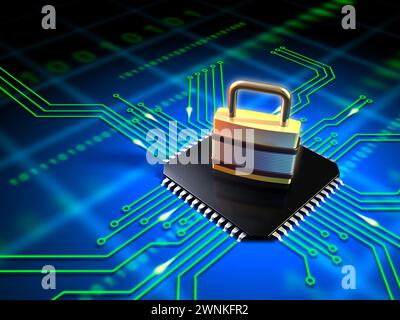 Safety lock standing on top of a microchip connected to a printed circuit board. Digital illustration. Stock Photo