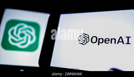 February 27, 2024: Tunis, Tunisia. 27 February 2024. The OpenAI and the ChatGPT logos are displayed on smartphones and laptop screens in Tunis, Tunisia, on February 27, 2024. OpenAI and ChatGPT are closely related, with ChatGPT being a OpenAI's product (Credit Image: © Hasan Mrad/IMAGESLIVE via ZUMA Press Wire) EDITORIAL USAGE ONLY! Not for Commercial USAGE! Stock Photo