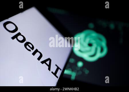 February 27, 2024: Tunis, Tunisia. 27 February 2024. The OpenAI and the ChatGPT logos are displayed on smartphones and laptop screens in Tunis, Tunisia, on February 27, 2024. OpenAI and ChatGPT are closely related, with ChatGPT being a OpenAI's product (Credit Image: © Hasan Mrad/IMAGESLIVE via ZUMA Press Wire) EDITORIAL USAGE ONLY! Not for Commercial USAGE! Stock Photo