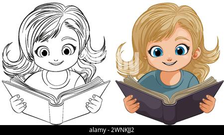 Colorful and black-and-white illustrations of a reading girl Stock Vector