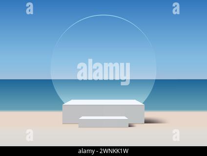 Summer to your product presentations with 3D white podium mockup. Featuring an circle transparency glass backdrop and a clear view of the beach and se Stock Vector