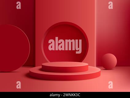 3D red circular podium with circle backdrop decoration a ball on red background, this mockup is perfect for showcasing of products display. Vector ill Stock Vector