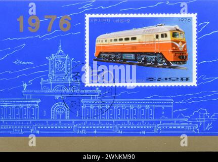 Souvenir Sheet with cancelled postage stamp printed by North Korea, that shows Diesel Locomotive, circa 1976. Stock Photo