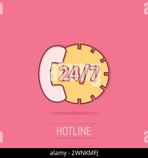 Phone service 24/7 icon in comic style. Telephone talk cartoon vector illustration on isolated background. Hotline contact splash effect business conc Stock Vector