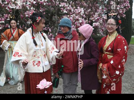 Woodside, USA. 2nd Mar, 2024. Hanfu enthusiasts attend an event to ...