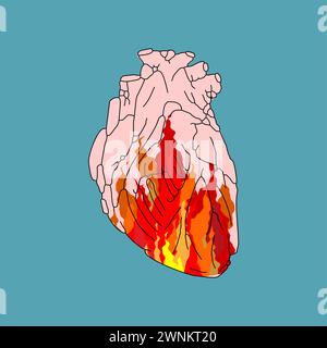 Fire in heart. Flame in an anatomical heart. Concept burning heart symbol of hope Stock Vector